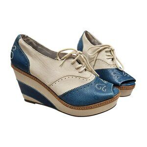 Anthropologie Pilcro Letterpress Leather Peep Toe Brighton Oxford Wedges Retro 8